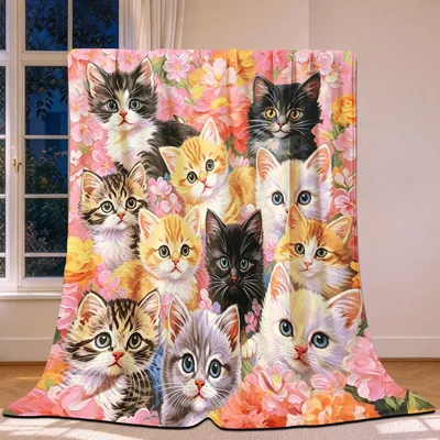 Kittens Among Pink Flowers Blanket: A Vintage Floral Cat Throw