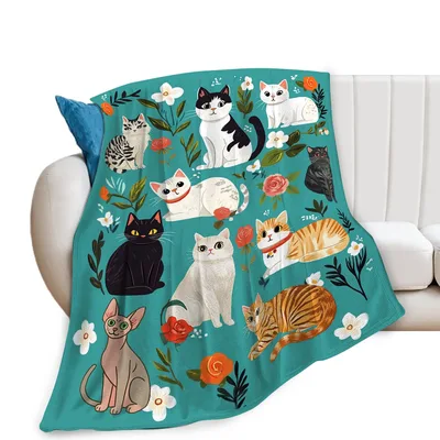 Cats Floral Pattern Blanket: A Teal Throw with Cats and Roses