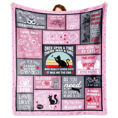 Cat Lover Quotes Blanket: Pink Collage of Feline Phrases