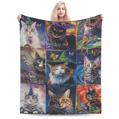 Magical Cats Collage Blanket: Whimsical Feline Witches and Sorcerers