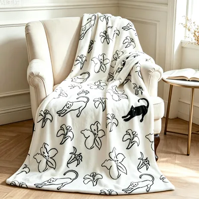 Black Cat Line Art Blanket: Stretching Felines and Lilies Pattern