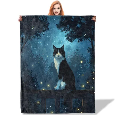 Black and White Cat Night Blanket: Tuxedo Feline Stargazing