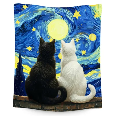 Cats Under Starry Night Blanket: Feline Artistry on a Swirling Sky