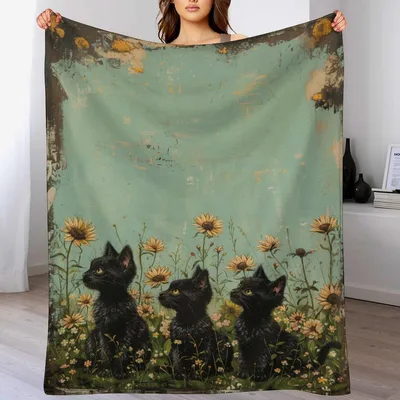 Black Cats in Sunflower Blanket: Three Kitties in a Vintage Field