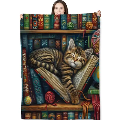 Tabby Cats Sleeping Blanket: Cozy Kitten Napping on Bookshelf