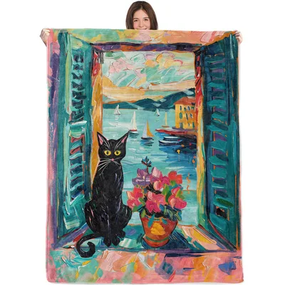 Black Cat Window Painting Blanket Coastal Art Design