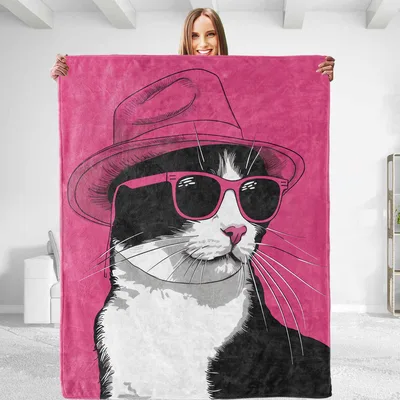 Cat in Pink Hat Blanket: Stylish Feline with Sunglasses Design