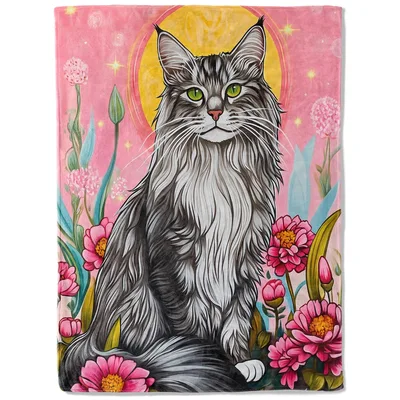 Maine Coon Cat Blanket: Fluffy Feline Among Pink Flowers