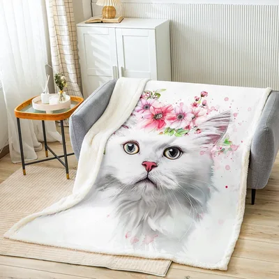 White Cat with Flower Blanket: Whimsical Feline Art for Your Sofa