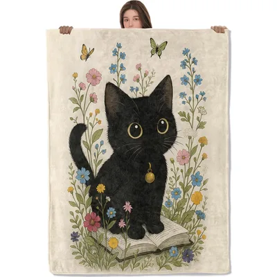 Black Cat on Book Blanket: Feline Reader Surrounded by Wildflowers