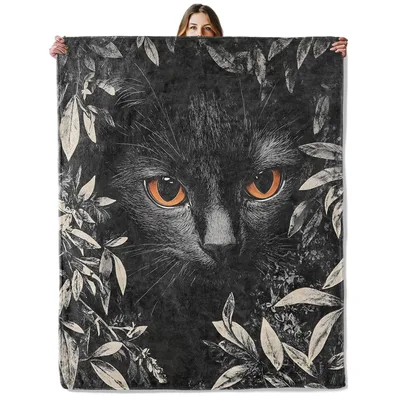 Black Cat Among Leaves Blanket: Feline Art with Amber Eyes