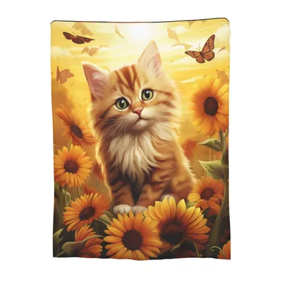 Ginger Cat in Sunflowers Blanket: Fluffy Kitten and Butterflies