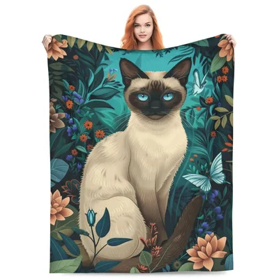 Siamese Cat with Flowers Blanket: Floral Feline Art for Your Home