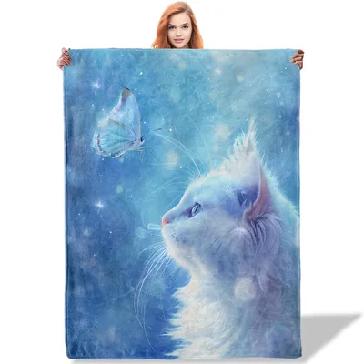 White Cat with Butterfly Blanket featuring a serene white feline