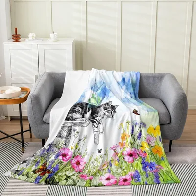 Cats with Colorful Flowers Blanket featuring a sketched cat resting