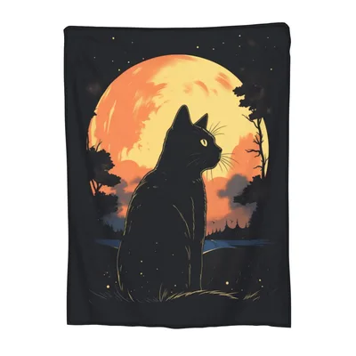 Black Cat Under Full Moon Blanket: Retro Silhouette Design
