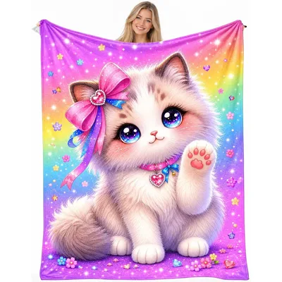 Cute Kitten with Pink Blanket: Fluffy Cat with Rainbow Background