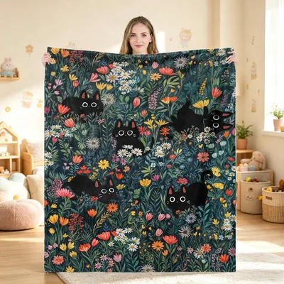 Cat Boho Floral Daisy Blanket: Black Cats Hidden in Wildflower Field