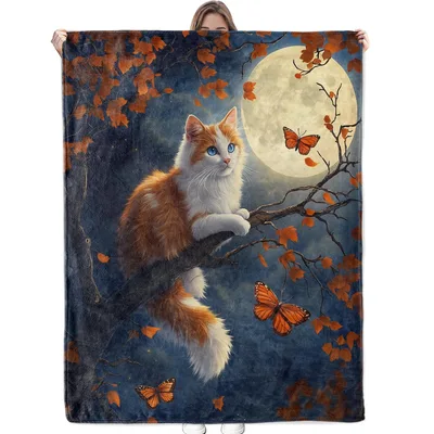 Cat Sitting Under Full Blanket: Autumn Cat and Moon Art