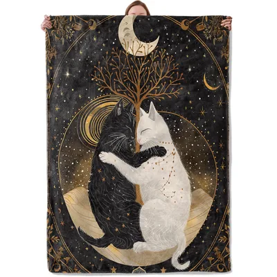 Two Cats Under Moon Blanket: Celestial Black and White Feline Art