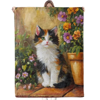 Calico Kitten Among Flowers Blanket: A Fluffy Feline in a Garden