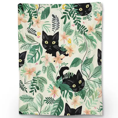 Black Cat Among Tropical Blanket: Feline Peeking Through Leaves