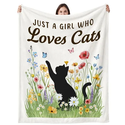 Just a Girl Blanket: Wildflower Cat Silhouette Design