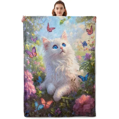 White Cat with Butterflies Blanket: Fluffy Feline in a Garden