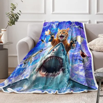 Cat Riding Shark Underwater Blanket: Fierce Cat with Guns