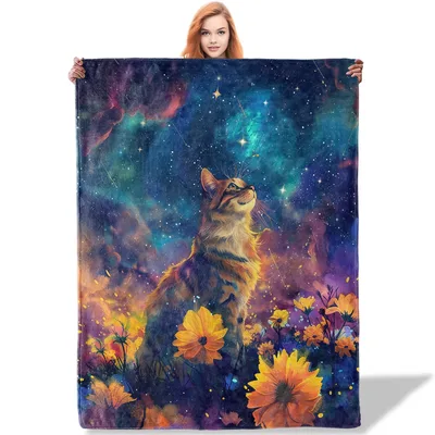 Galaxy Cat Among Sunflowers Blanket: Cosmic Feline Art