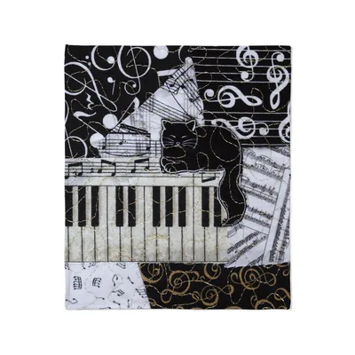 Black Cat on Piano Blanket: Feline Musician Art Design