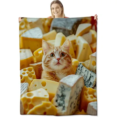 Orange Kitten Among Cheese Blanket: Whimsical Cat and Dairy Design