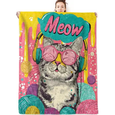 Cool Cat with Headphones Blanket featuring a pop art tabby