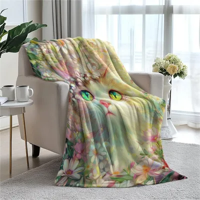 Floral Cat Watercolor Blanket: A Whimsical Feline in Blooming Paint