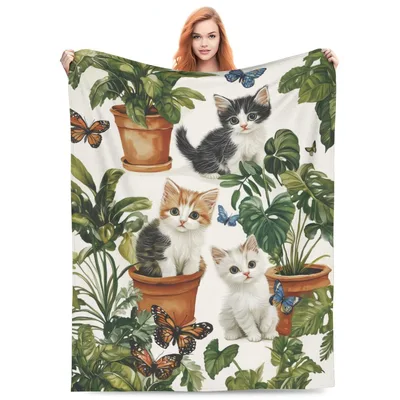 Kittens in Flower Pots Blanket: Adorable Cats and Greenery