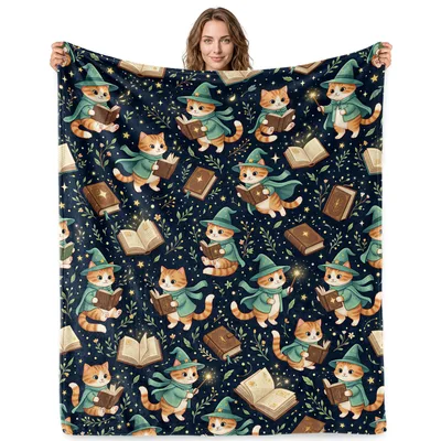 Wizard Cats with Spellbooks Blanket: Cute Magic Kitten Throw