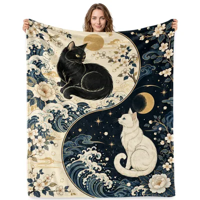 Yin Yang Cats Japanese Blanket: Feline Balance with Traditional Waves