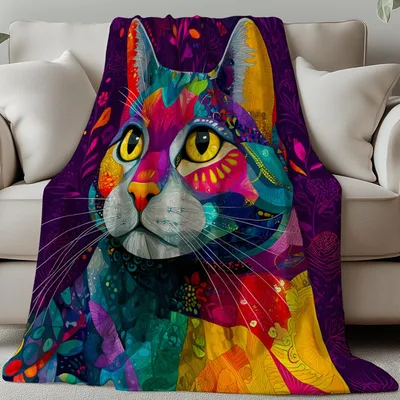 Colorful Cat Graffiti Art Blanket: Psychedelic Feline Design