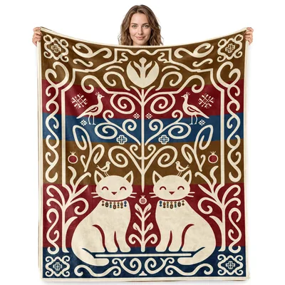 Folk Art Cats Tree Blanket featuring symmetrical white cats