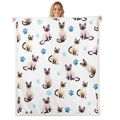 Siamese Cats Paw Print Blanket featuring cute cartoon Siamese cats