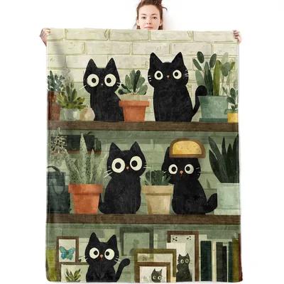Black Cats on Shelf Blanket: Feline Friends Among Potted Plants