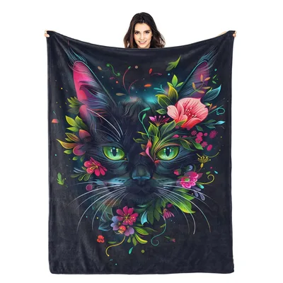 Black Cat with Colorful Blanket: A Floral Feline Design
