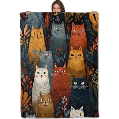 Colorful Abstract Cats Art Blanket: Feline Friends in Botanical Style