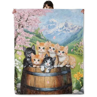 Kittens in Barrel Spring Blanket featuring six fluffy cats