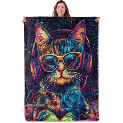 Neon Cat Wearing Glasses Blanket: A Vibrant Feline with Headphones