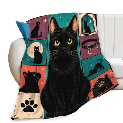 Black Cats Halloween Patchwork Blanket: Feline Art for Spooky Season