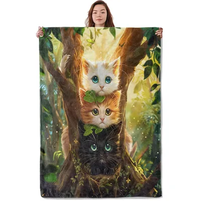 Three Kittens in Tree Blanket: Stacked Felines in Forest Setting