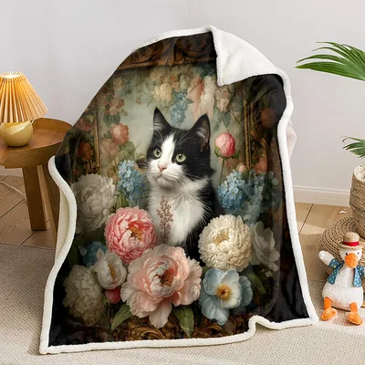 Cat Among Peony Flowers Blanket: Vintage Feline Art