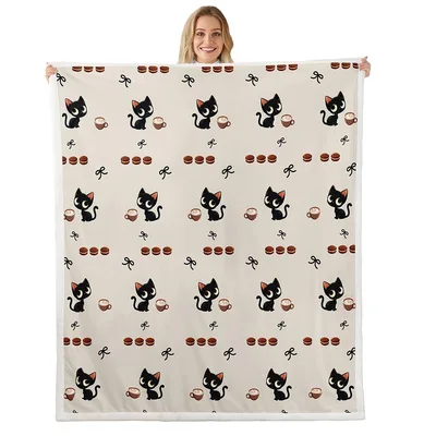 Kawaii Black Cats Pattern Blanket with Macarons and Coffee