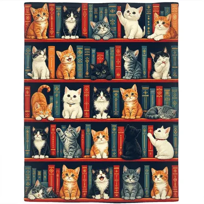 Kittens on Bookshelf Blanket: Cozy Cat and Book Design